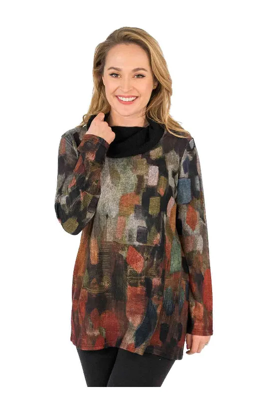 TunicTopNovaTrisha Tyler Mix Print Contrast Cowl Neck Tunic Sweater In Red Multi