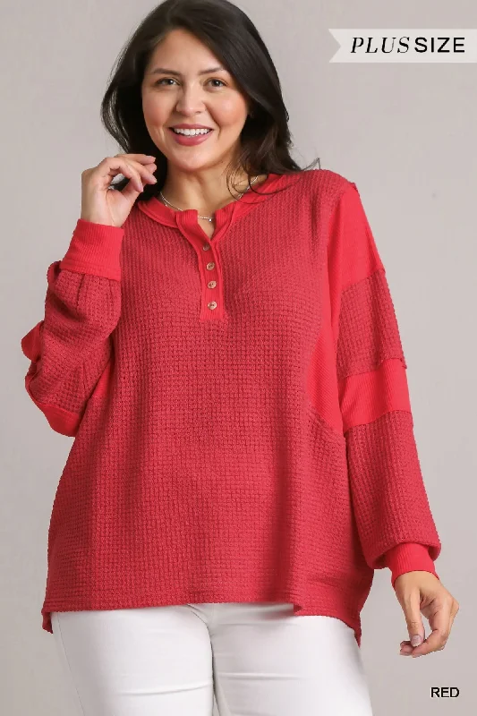 TunicTopUmgee Red Henley Waffle Knit Tunic With Contrast Details Plus