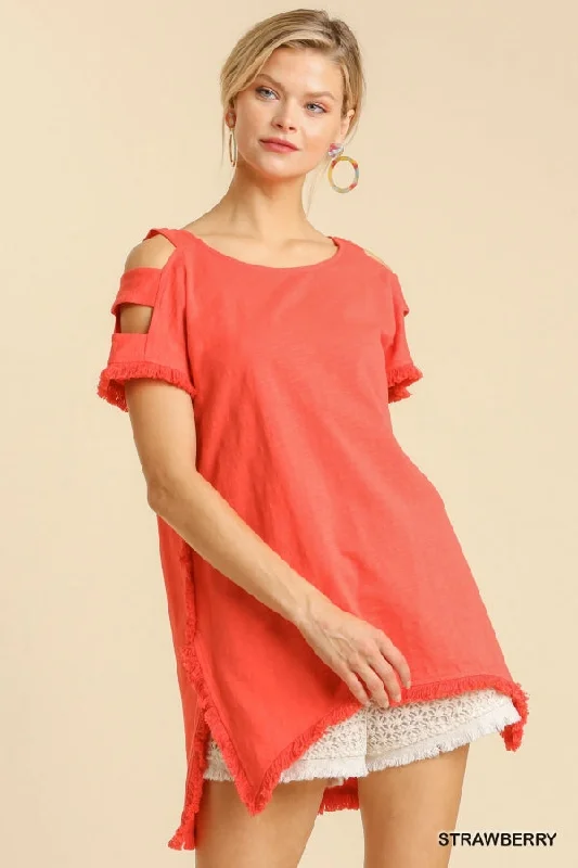 TunicTopHorizonUmgee Short Sleeve High Low Tunic Top with Fringed Hems