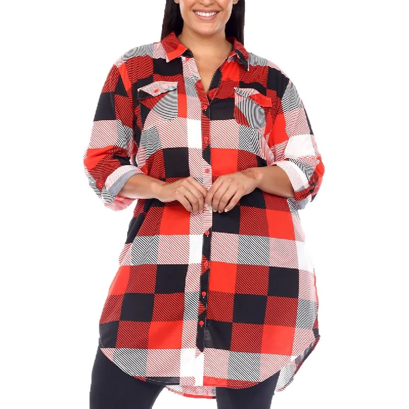 TunicTopKrakenWhite Mark Womens Plus Plaid Button Front Tunic Top