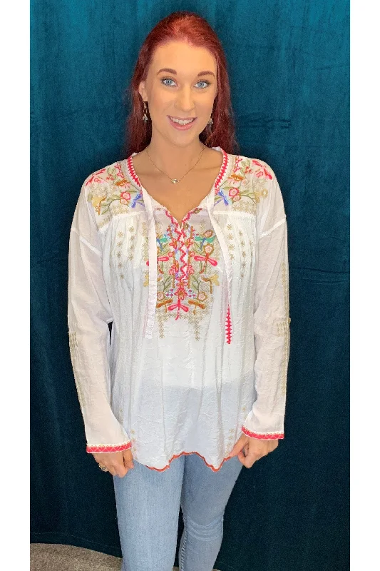 TunicTopAuraAdore White Multi Colored Dragonfly Embroidery Tunic