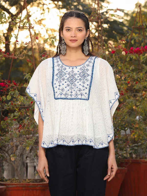 TunicTopChimeraJuniper White Viscose Dobby Kaftan Tunic With Blue Thread Embroidery